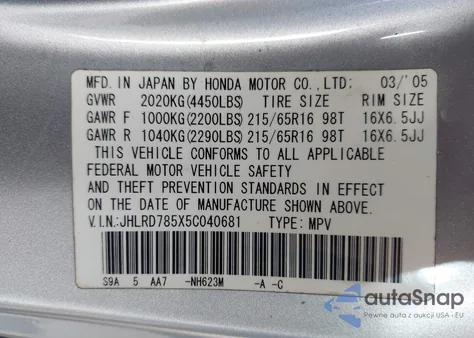 2005 Honda Cr-V Lx from USA, damaged, VIN JHLRD785X5C040681